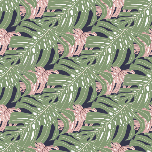 绿色和丁香龟背竹无缝涂鸦图案手绘树叶热带装饰品专为面料设计纺织品